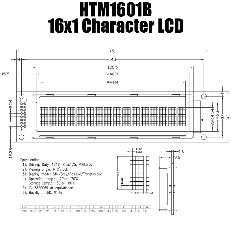 Character LCD Modules | FSTN+ 1X16 WHITE Display with Backlight 5V Arduino display