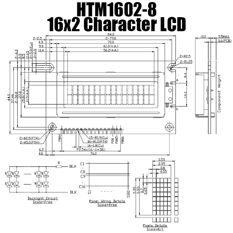 character LCD Modules model STN+ 2X16 yellow green backlight Arduino display