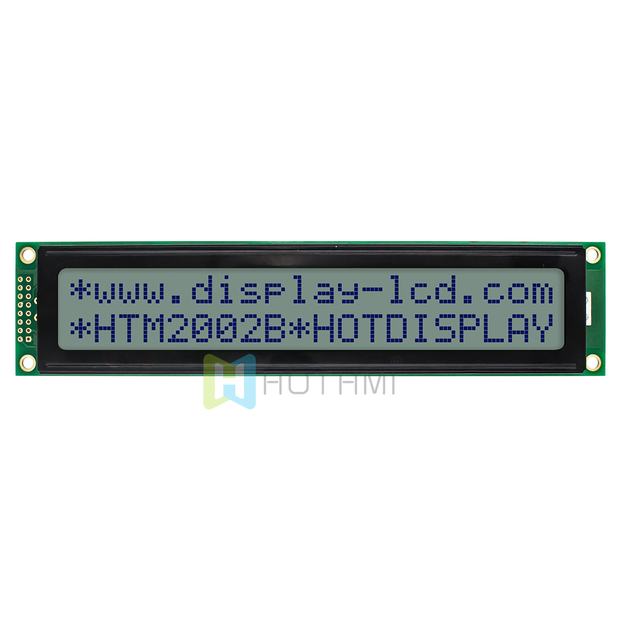 character LCD module |20X2 STN display | monochrome white backlight | blue characters on gray background | ST7066U control | transflective | Arduino