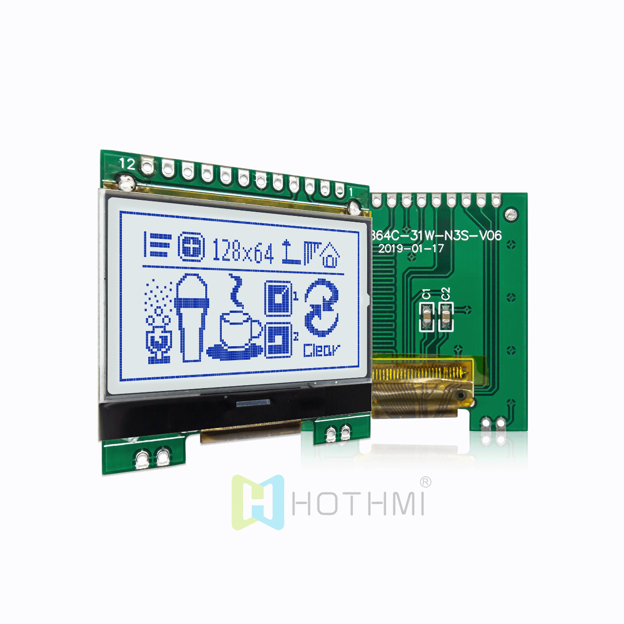 1.7"LCD12864, low price 128x64 gray background blue letter module, graphic COB module, supports 3.3V/5V, ST7567 controller