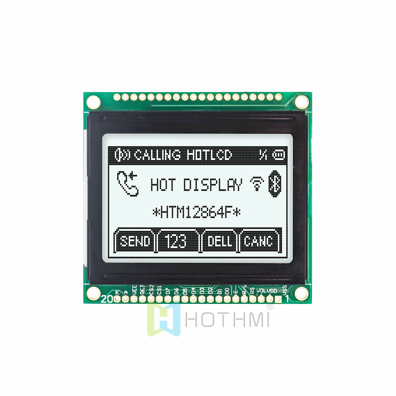 2-inch display module | 128 x 64 graphic LCD COB module | KS108 | FSTN positive display | White background with gray text