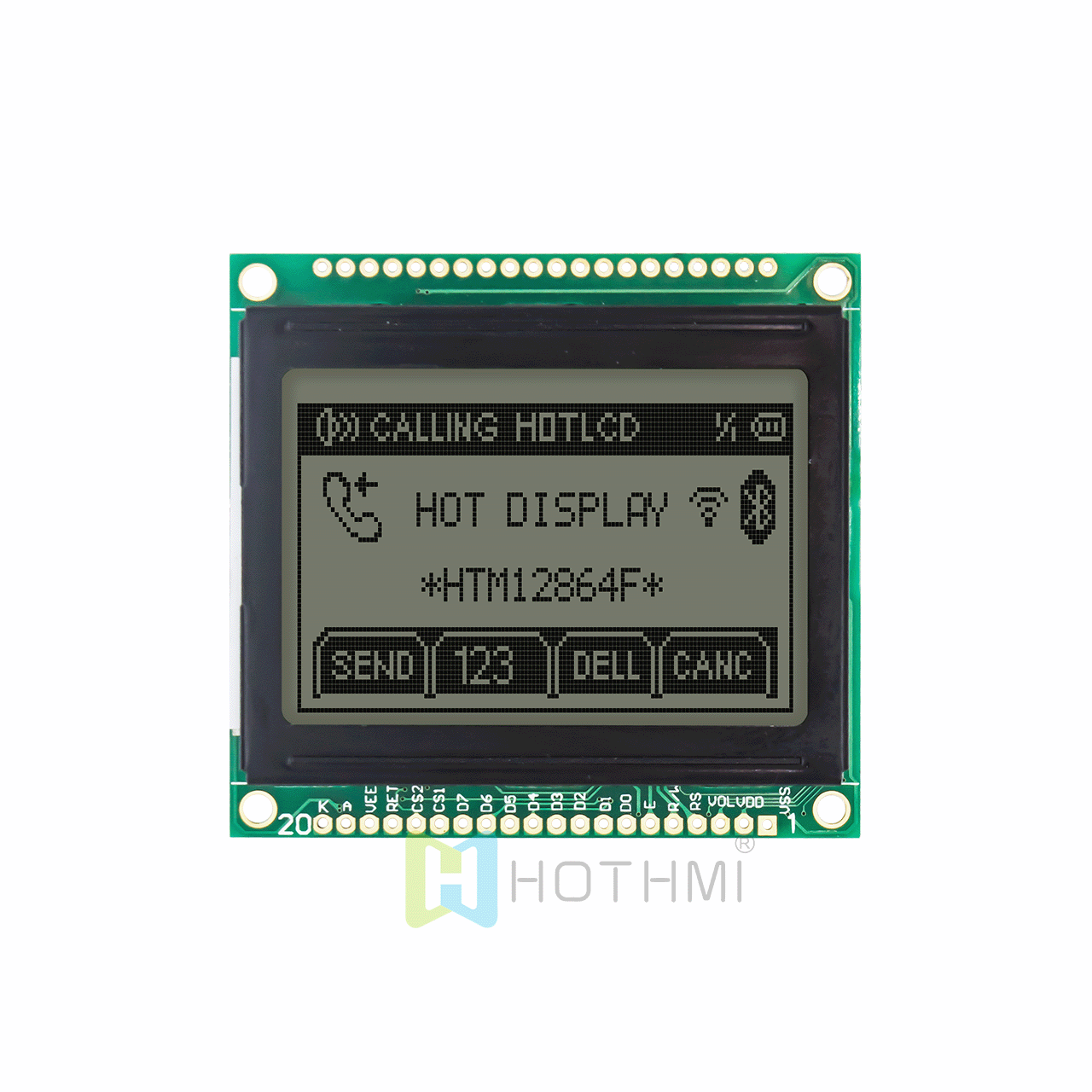 2-inch display module | 128 x 64 graphic LCD COB module | KS108 | FSTN positive display | White background with gray text