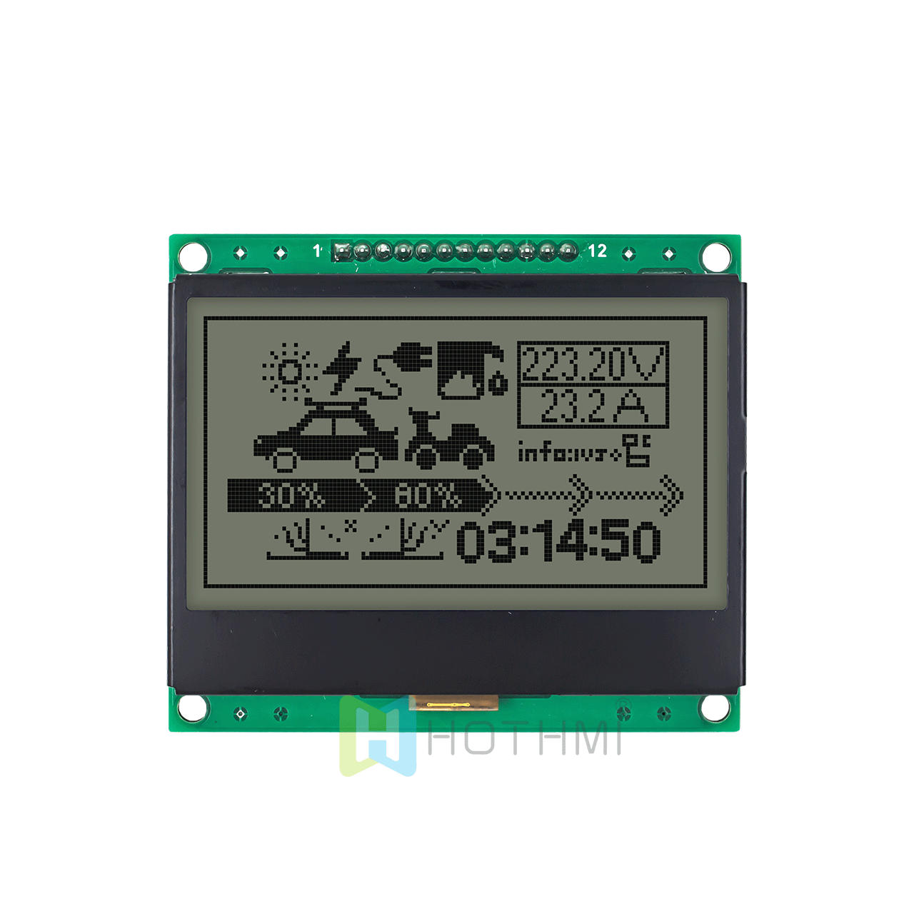 3-inch 128x64 Graphic LCD Display Module | SPI Interface | White Background with Gray Text | FSTN Positive | Transflective Polarizer