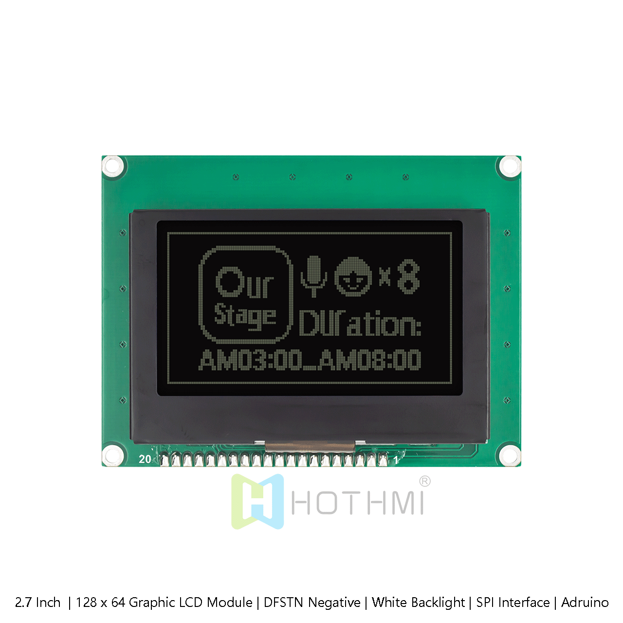 2.7 Inch Graphic 128x64 Graphic LCD Display | DFSTN Negative | White Backlight | SPI Interface | Arduino | White on Black