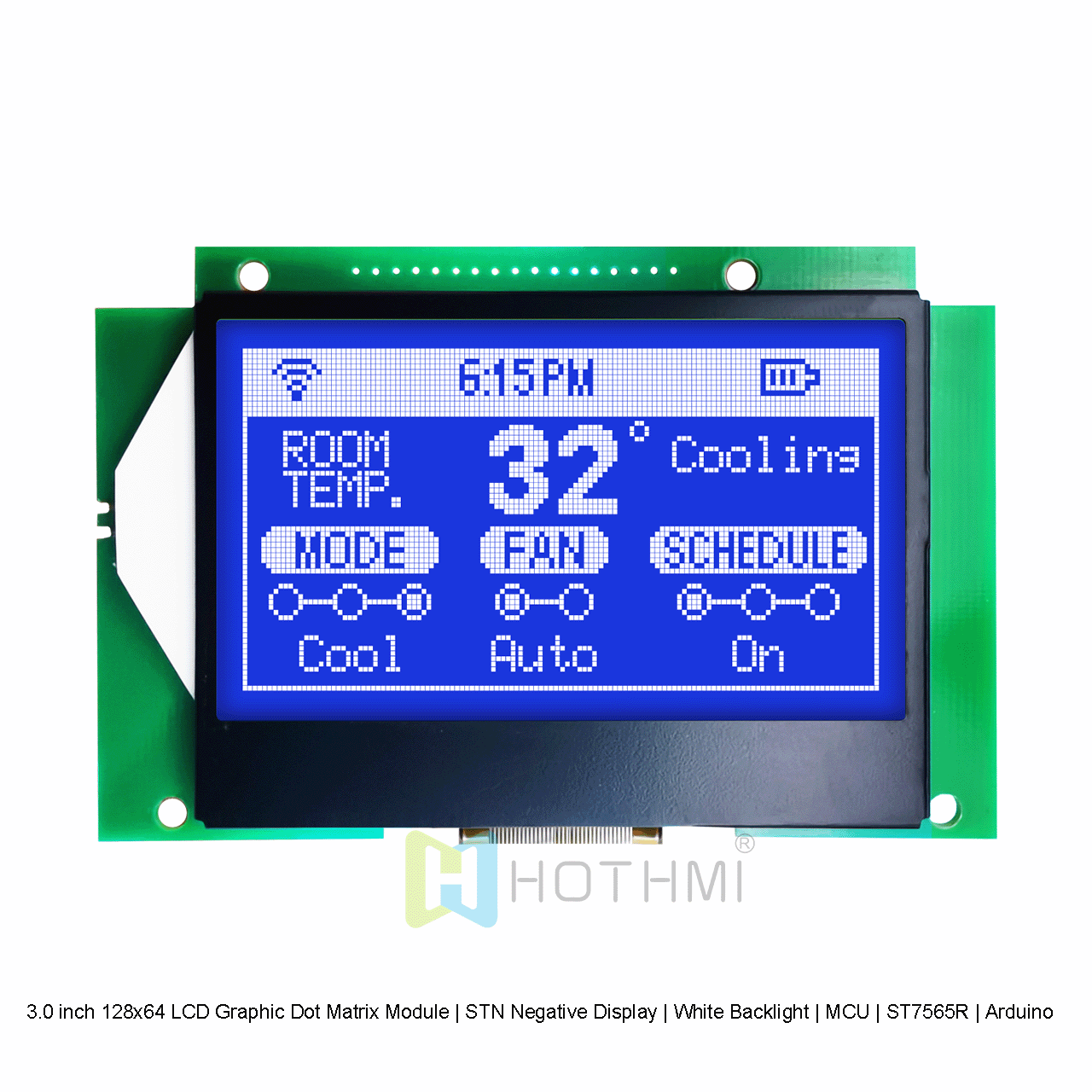 3.0 inch 128x64 LCD Graphic Dot Matrix Module | STN Negative Display | White Backlight | MCU | ST7565R | Arduino | White Text on Blue Background