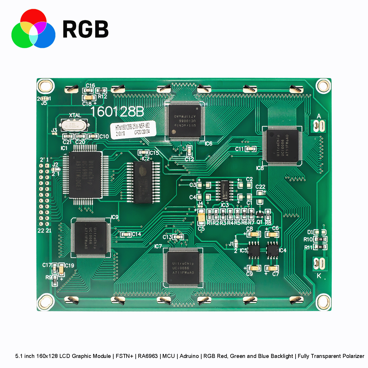 5.1 inch 160x128 LCD Graphic Module | FSTN+ | RA6963 | MCU | Arduino | RGB Red, Green and Blue Backlight | Fully Transparent Polarizer