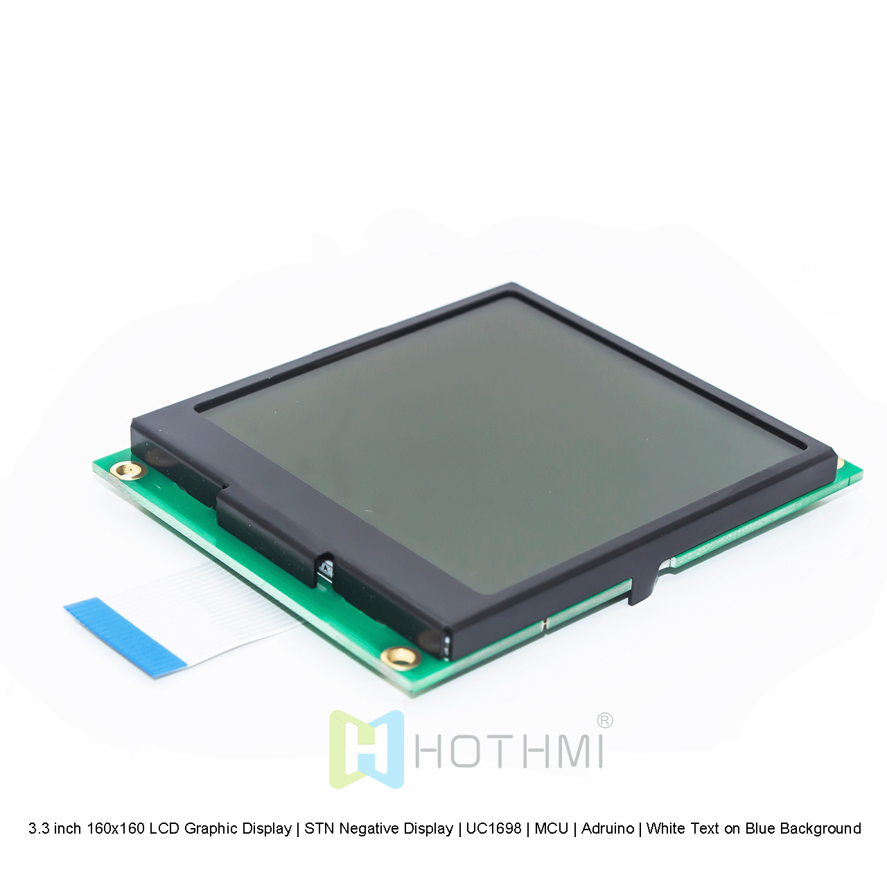 3.3 inch 160x160 LCD Graphic Display | STN Negative Display | UC1698 | MCU | Arduino | White Text on Blue Background