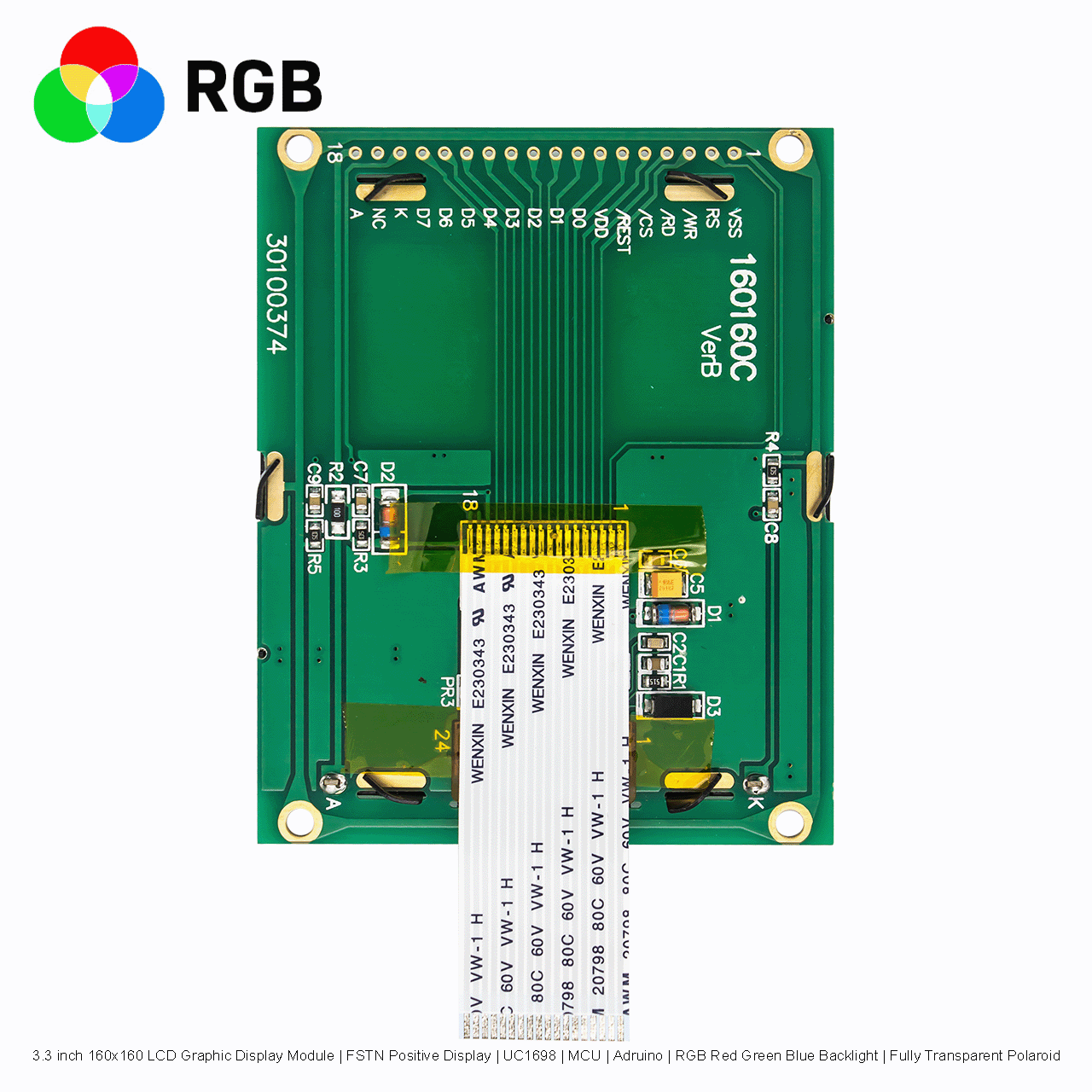 3.3 inch 160x160 LCD Graphic Display Module | FSTN Positive Display | UC1698 | MCU | Arduino | RGB Red Green Blue Backlight | Fully Transparent Polaroid