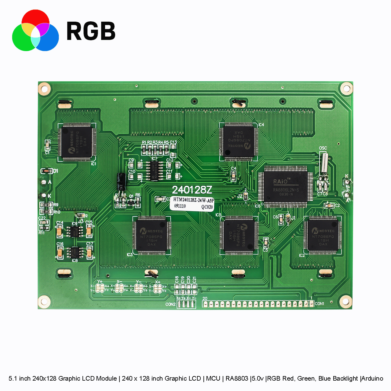 5.1 inch 240x128 Graphic LCD Module | 240 x 128 inch Graphic LCD | MCU | RA8803 |5.0v |RGB Red, Green, Blue Backlight |Arduino