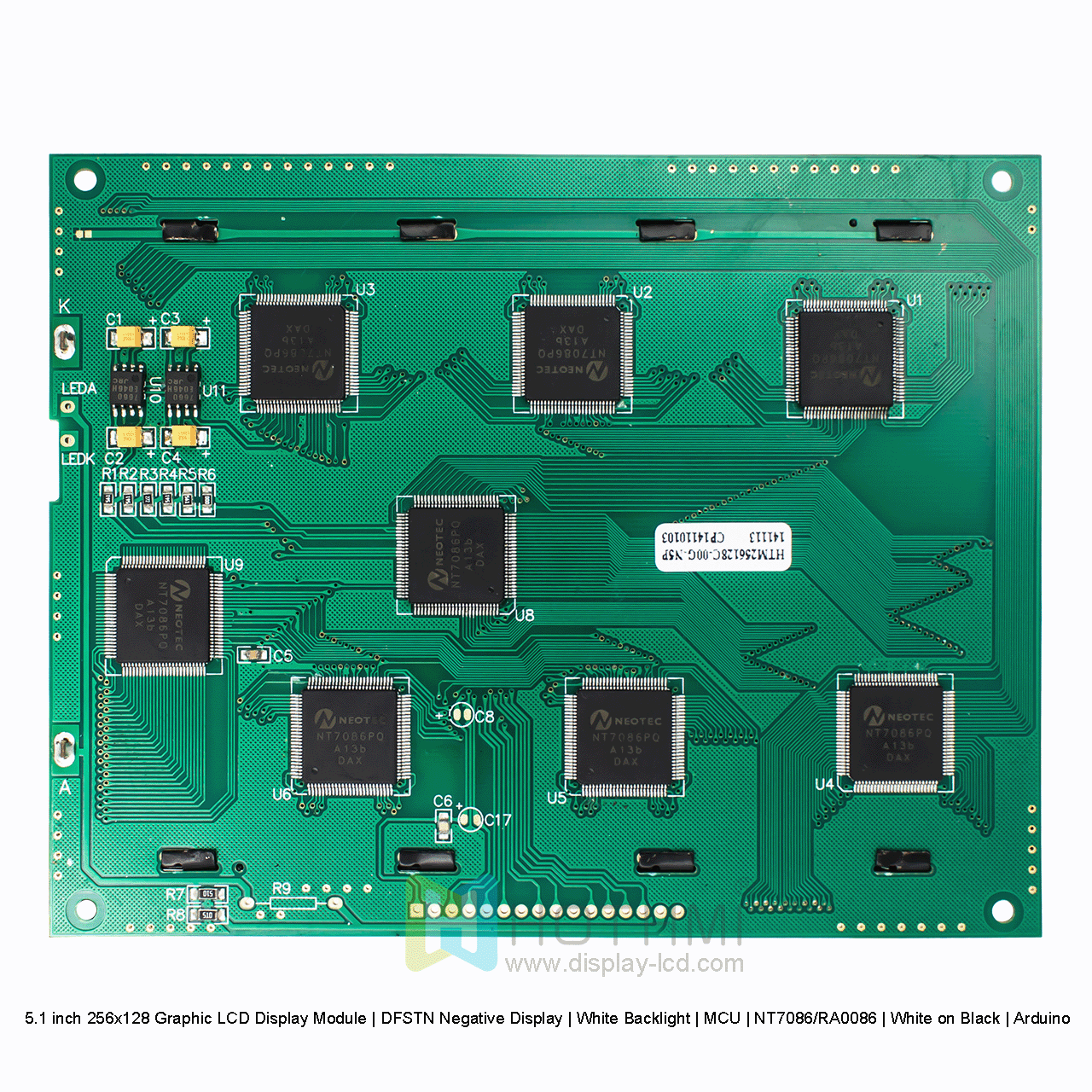 5.1 inch 256x128 Graphic LCD Display Module | DFSTN Negative Display | White Backlight | MCU | NT7086/RA0086 | White on Black | Arduino