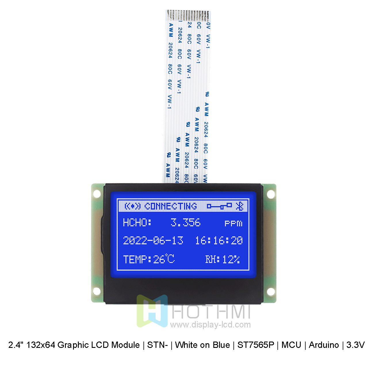 2.4" 132x64 Graphic LCD Module | STN-White on Blue ST7565P For Arduino