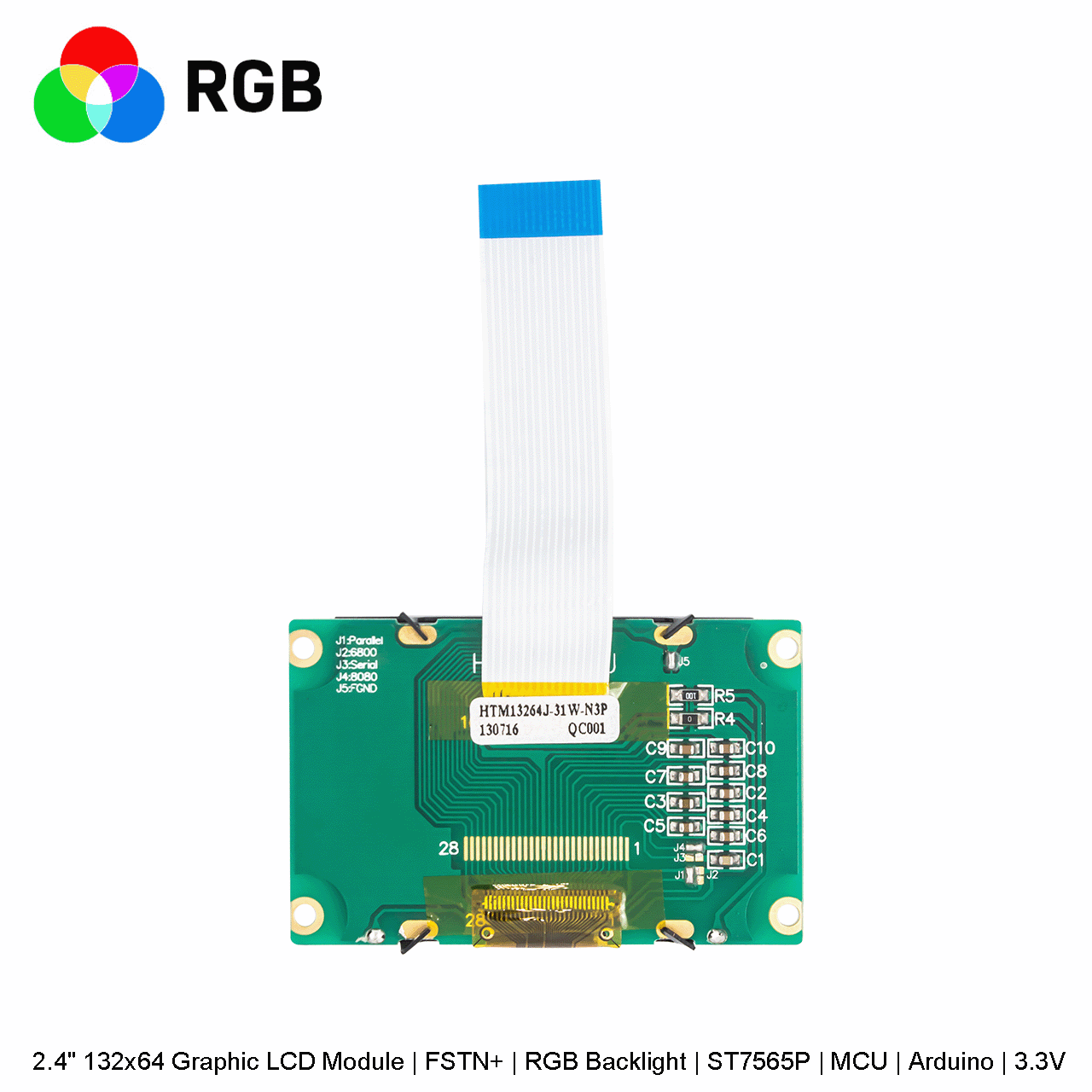 2.4" 132x64 Graphic LCD Module | FSTN+ | RGB Backlight | ST7565P | MCU | Arduino | 3.3V
