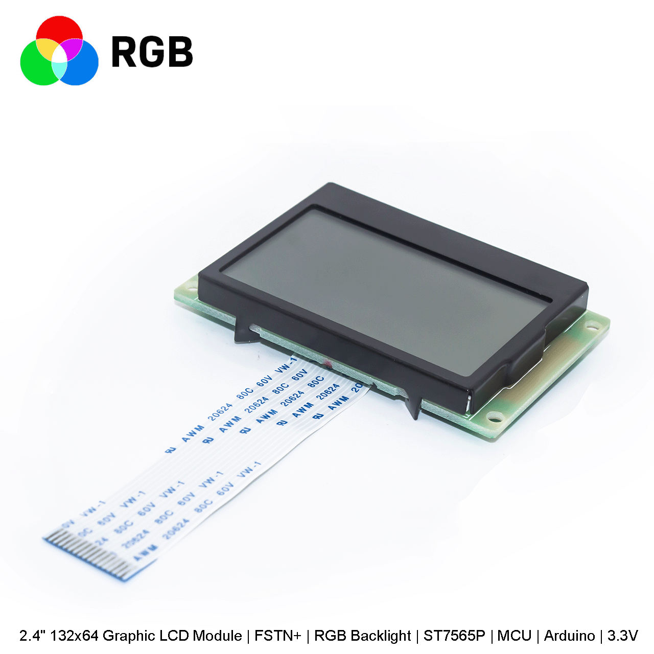 2.4" 132x64 Graphic LCD Module | FSTN+ | RGB Backlight | ST7565P | MCU | Arduino | 3.3V