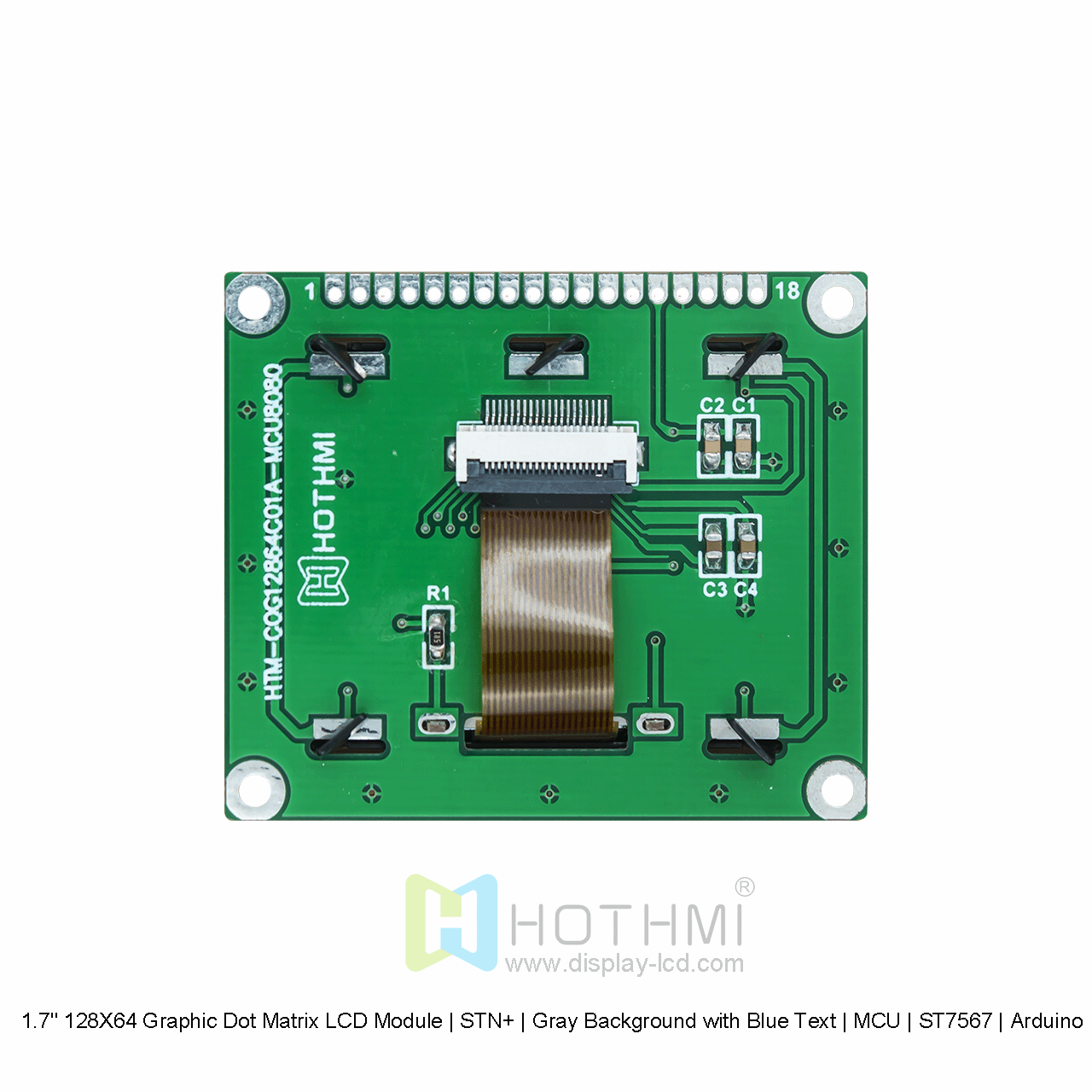 1.7" 128X64 Graphic Dot Matrix LCD Module | STN+ | Gray Background with Blue Text | MCU | ST7567 | Arduino