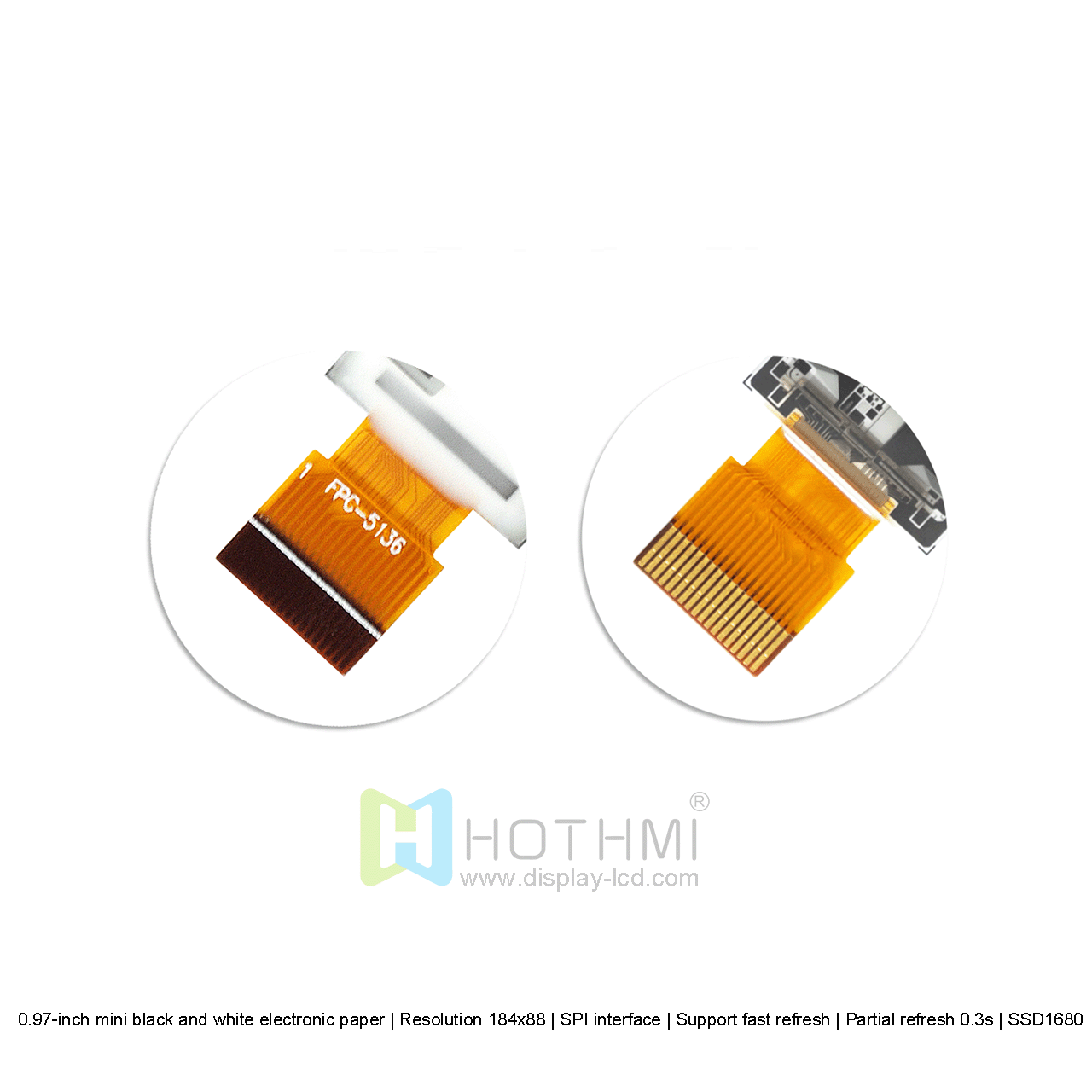 0.97-inch mini black and white electronic paper | Resolution 184x88 | SPI interface | Support fast refresh | Partial refresh 0.3s | SSD1680