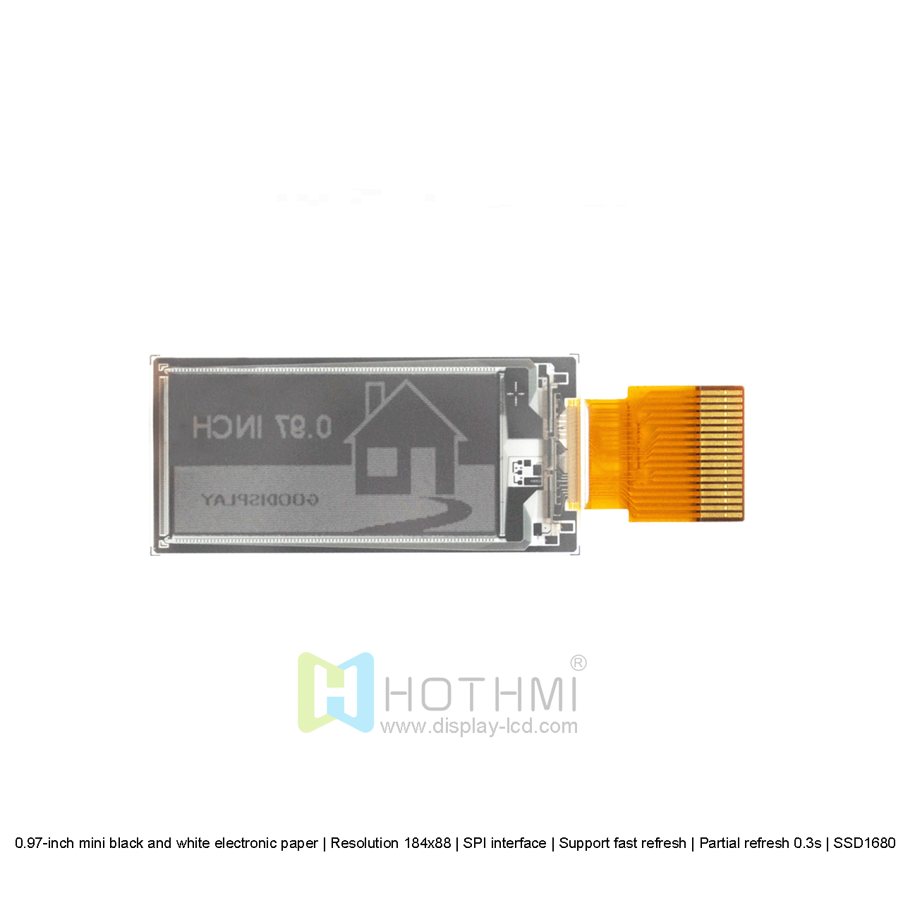 0.97-inch mini black and white electronic paper | Resolution 184x88 | SPI interface | Support fast refresh | Partial refresh 0.3s | SSD1680