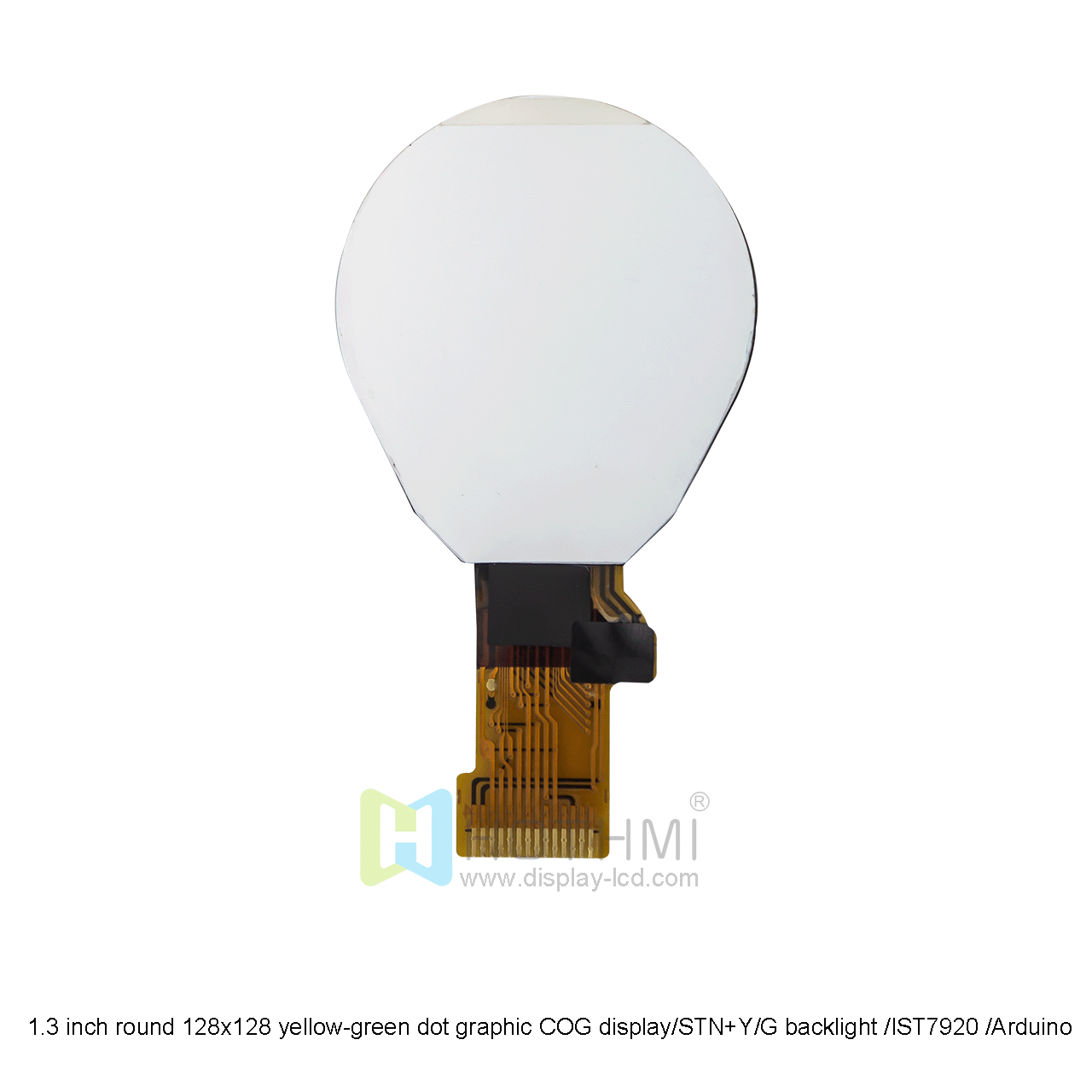 1.3 inch yellow-green circular COG |128x128 dot matrix graphic COG LCD| 1.3 inch circular LCD display | STN+yellow-green | yellow-green backlight | IST7920 | Arduino