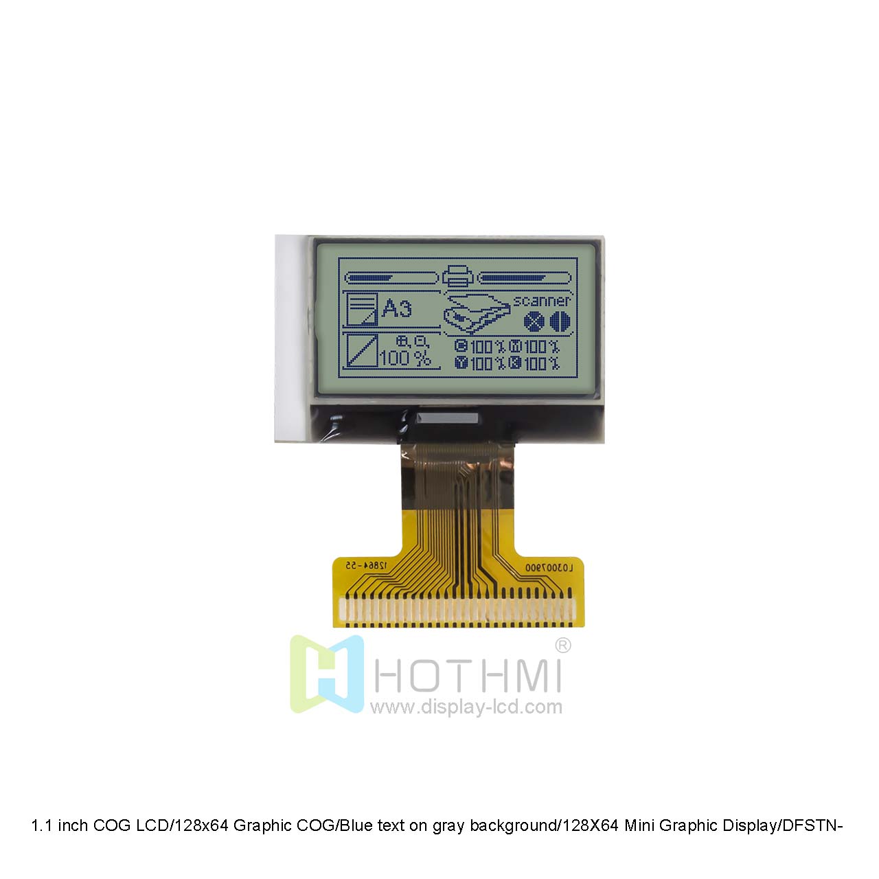 1.1 inch COG LCD/128x64 Graphic COG/Blue text on gray background/12864 Graphic Display/DFSTN-/ST7565R Controller/Arduino